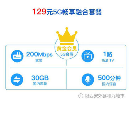 陕西电信（除西安外）九地市200M宽带129元/月（2020年）